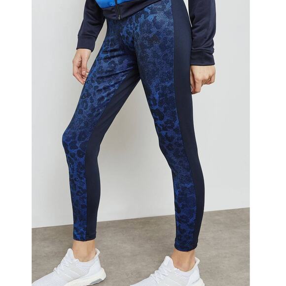 Adidas Performance Leggings Tights Navy Blue Animal Print Three Stripes Logo M - Picture 1 of 13